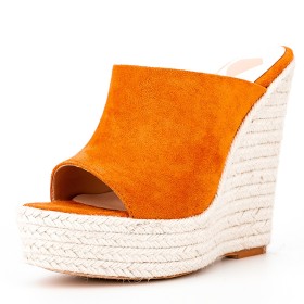 Suede 13 cm Hoge Hak Sleehakken Muiltjes Comfortabele Ronde Neus Espadrilles Plateau Vintage Sandaal Strand Peeptoe