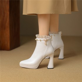 With Ruffle Block Heel Chunky Heel Ankle Boots 2024 4 inch High Heeled