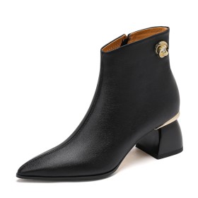 Retro Genarbte Leder Mit 6 cm Mittlerer Absatz Leder Stiefeletten Blockabsatz Winter Klassisch Gefütterte