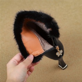 A Talon Haut 10 cm Elegante Cuir Cuir Grainé Ceremonie Fourrees Bottines Fourrure