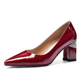 Classic Quilted Mid Heels Burgundy Leather Elegant Block Heels Pumps