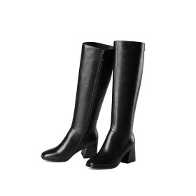 Full Grain Chunky Classic Black Knee High Boot Leather Fall 6 cm Heeled Closed Toe Riding Boot