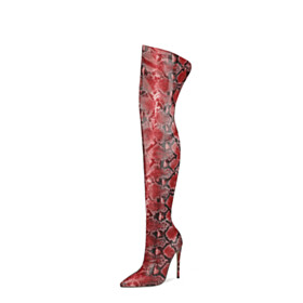 Classique Fourrees Imprimé Python Vernis A Talon Haut 13 cm Rouge Fermeture Éclair Cuissardes Bottes Haute Femme Bout Pointu Relief