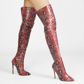 Faux Leather Embossed Patent Stilettos Vintage Snake Print Thigh High Boots Fur Lined Tall Boots 13 cm High Heels