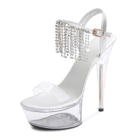 6 inch High Heel Stilettos Sandals Fringe Silver Open Toe Platform With Ankle Strap