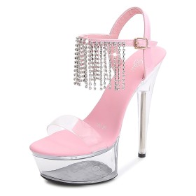 Sexy High Heel Platform Tassel Ankle Strap Pink Pole Dancing Shoes Transparent Stiletto Heels Sparkly With Rhinestones Open Toe Sandals