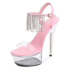 Zomer 15 cm High Heel Doorzichtige Imitatieleer Roze Stilettos Met Enkelbandje Sandalen Franjes Sparkle Plateau