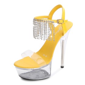 Sparkly Platform Fringe Strappy Yellow Clear With Rhinestones Pole Dance Shoes High Heel With Ankle Strap