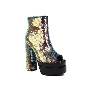 Chunky Gold High Heel Glitter Ankle Boots Platform Sparkly Ombre Block Heel Peep Toe