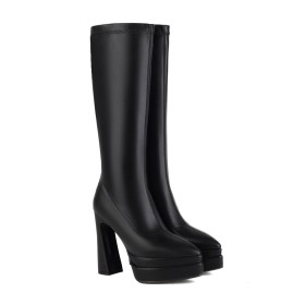 Knee High Boots Comfortable Fur Lined Block Heels Chunky 5 inch High Heel Faux Leather Tall Boot Riding Boots Pointed Toe Platform