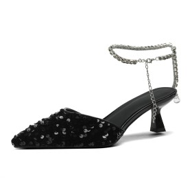 Stylish Stiletto Heels Womens Sandals Black Ankle Strap With Rhinestones Party Shoes 6 cm Heel Sparkly Elegant
