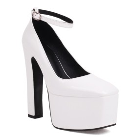 Chunky Dress Shoes White Patent Pumps Faux Leather Business Casual Shoes Classic Elegant Platform 15 cm High Heels Block Heel