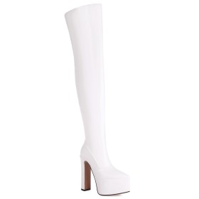 Pole Dance Shoes Chunky High Heel Fur Lined Tall Boot Platform White Sparkly Faux Leather Metallic Block Heel Thigh High Boot For Women