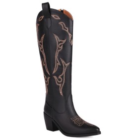 Vintage Embroidered Block Heels Mid Heel Pointed Toe Comfort Cowboy Chunky Heel Knee High Boots For Women