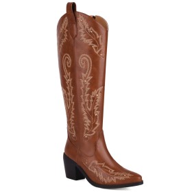 Chunky Heel Faux Leather Cowboy Boots Vintage Knee High Boot For Women Riding Boots Mid High Heeled Embroidered Comfort Brown Block Heel