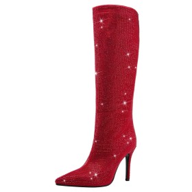 Tall Boot Modern Sparkly Suede With Rhinestones Stilettos Formal Dress Shoes Knee High Boot For Women 10 cm High Heel