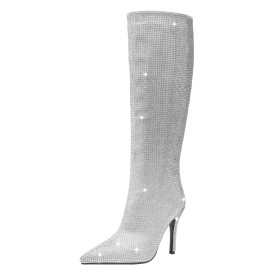 Faux Leather Silver 4 inch High Heel Knee High Boot Dressy Shoes Glitter Tall Boots Party Shoes Fashion