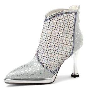 4 inch High Heel Pearl Ankle Boots Rhinestones Stilettos Silver Pointed Toe Stylish Sandal Boots Dressy Shoes