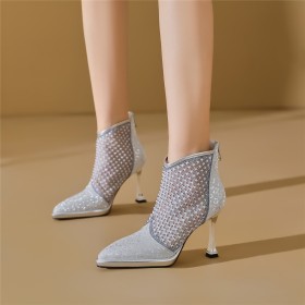 4 inch High Heel Pearl Ankle Boots Rhinestones Stilettos Silver Pointed Toe Stylish Sandal Boots Dressy Shoes