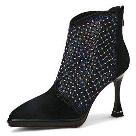 Stiefeletten Frühjahr Wildleder Moderne Mesh Mit Strasssteine Mit Perle Ballschuhe Schwarze Spitz High Heel