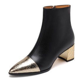 Enkellaarsjes Dames Zwarte Kleurblok 6 cm Middelhoge Heels Mooie Leer