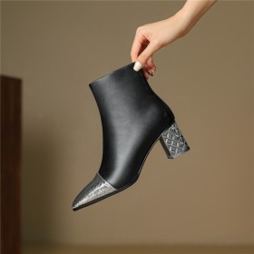 6 cm Mid Heel Casual Elegant Classic Block Heels Natural Leather Business Casual Metallic Ankle Boots Black