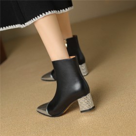 Habillées Business Casual Boots Femme Bottines Cuir Belle Noir Classique Fourrees Talons Carrés Fermeture Éclair Talon Mi Haut