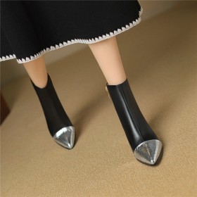 6 cm Mid Heel Casual Elegant Classic Block Heels Natural Leather Business Casual Metallic Ankle Boots Black