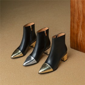 6 cm Mid Heel Casual Elegant Classic Block Heels Natural Leather Business Casual Metallic Ankle Boots Black