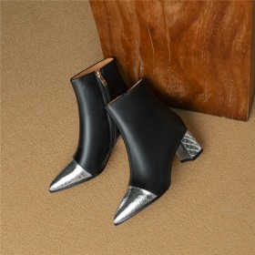 6 cm Mid Heel Casual Elegant Classic Block Heels Natural Leather Business Casual Metallic Ankle Boots Black