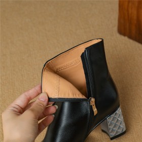 6 cm Mid Heel Casual Elegant Classic Block Heels Natural Leather Business Casual Metallic Ankle Boots Black