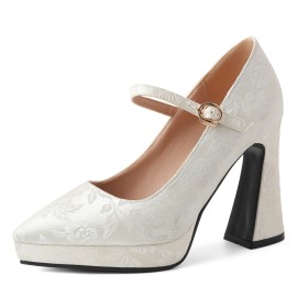 Party Shoes Bridals Wedding Shoes Block Heel Dressy Shoes Flowers Pumps Pointed Toe Faux Leather Slip On 11 cm High Heels Satin
