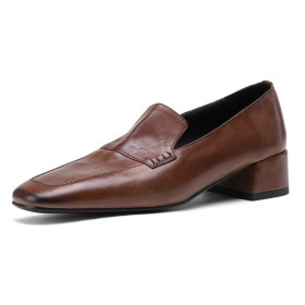 Classic Brown Business Casual Shoes Elegant Dressy Shoes Chunky Comfortable Loafers Slip On Block Heels Low Heel