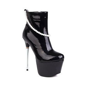 Schwarze Rund Spitze Stilettos Gefütterte Mit Perle High Heels Winter Stiefeletten Mit Absatz Plateau