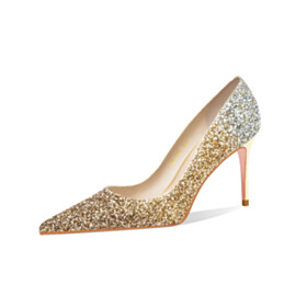 3 inch High Heel Stilettos Gold Sparkly Elegant Shoes Pumps Glitter Dress Shoes Bridals Wedding Shoes