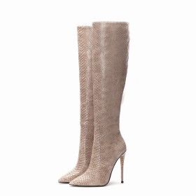 Beige Embossed Faux Leather Classic Tall Boots Pointed Toe Stiletto Heels Knee High Boots 12 cm High Heeled