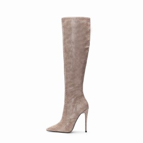 Beige Embossed Faux Leather Classic Tall Boots Pointed Toe Stiletto Heels Knee High Boots 12 cm High Heeled