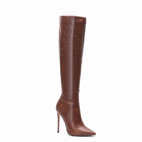 Classic Fur Lined Tall Boot Vintage Stilettos High Heel Faux Leather Snake Print Knee High Boot