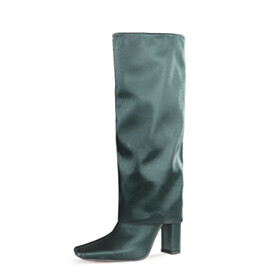 Mid Calf Boots Dark Green Block Heels Faux Leather 4 inch High Heel 2022 Full Grain