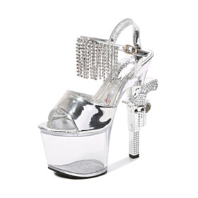 18 cm High Heel Buckle Silber Mit Fransen Peeptoes Geformter Poledance Durchsichtige Sandaletten Damen