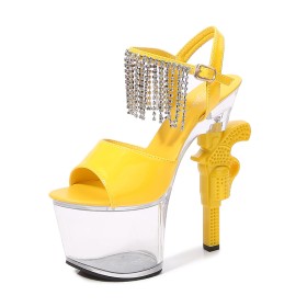 Clear Platform Patent Leather Yellow Fringe Rhinestones With Ankle Strap Extreme High Heels Faux Leather Womens Sandals Peep Toe