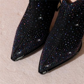 Moderne Noire Talon Haut D hiver Bottines Daim Avec Strass Talon Epais Chaussure De Soirée Fourrées