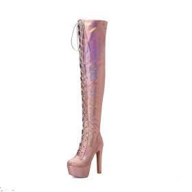 Fur Lined Block Heel High Heels Ombre Thigh High Boot For Women Chunky Fashion Lace Up Casual