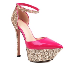 Beautiful Patent Leather Sequin Womens Sandals Ankle Strap Fuchsia Sparkly Platform Stiletto Faux Leather 6 inch High Heel Belt Buckle