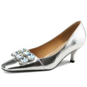 Square Toe Silver Low Heels Buckle Elegant Stiletto Evening Party Shoes Metallic Pumps Closed Toe