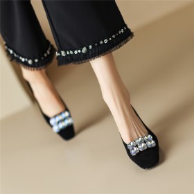 Black Low Heels Pumps Shoes With Rhinestones Stiletto Heels Beautiful Buckle Suede Natural Leather Dress Shoes Kitten Heel