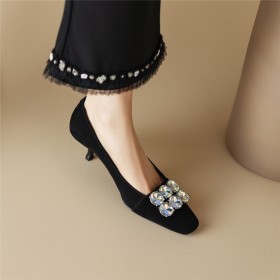 Black Low Heels Pumps Shoes With Rhinestones Stiletto Heels Beautiful Buckle Suede Natural Leather Dress Shoes Kitten Heel