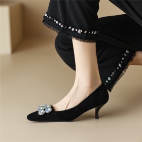 Black Low Heels Pumps Shoes With Rhinestones Stiletto Heels Beautiful Buckle Suede Natural Leather Dress Shoes Kitten Heel