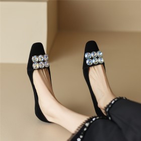 Black Low Heels Pumps Shoes With Rhinestones Stiletto Heels Beautiful Buckle Suede Natural Leather Dress Shoes Kitten Heel