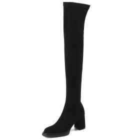 Sock Comfortable Thigh High Boot For Women Suede Fur Lined Tall Boots Block Heels 7 cm Mid Heels Stretch Classic Chunky Vintage